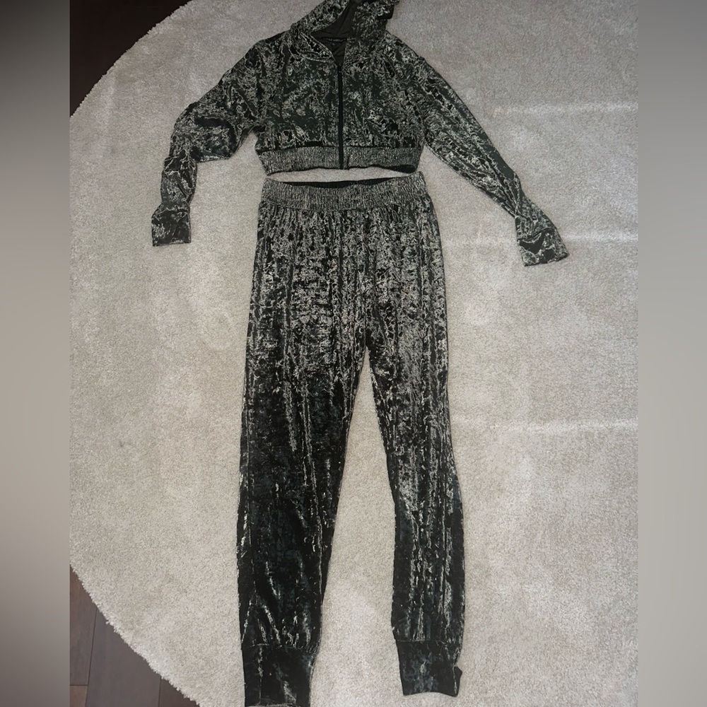 Crushed velvet Naked Wardrobe joggers set in olive green.